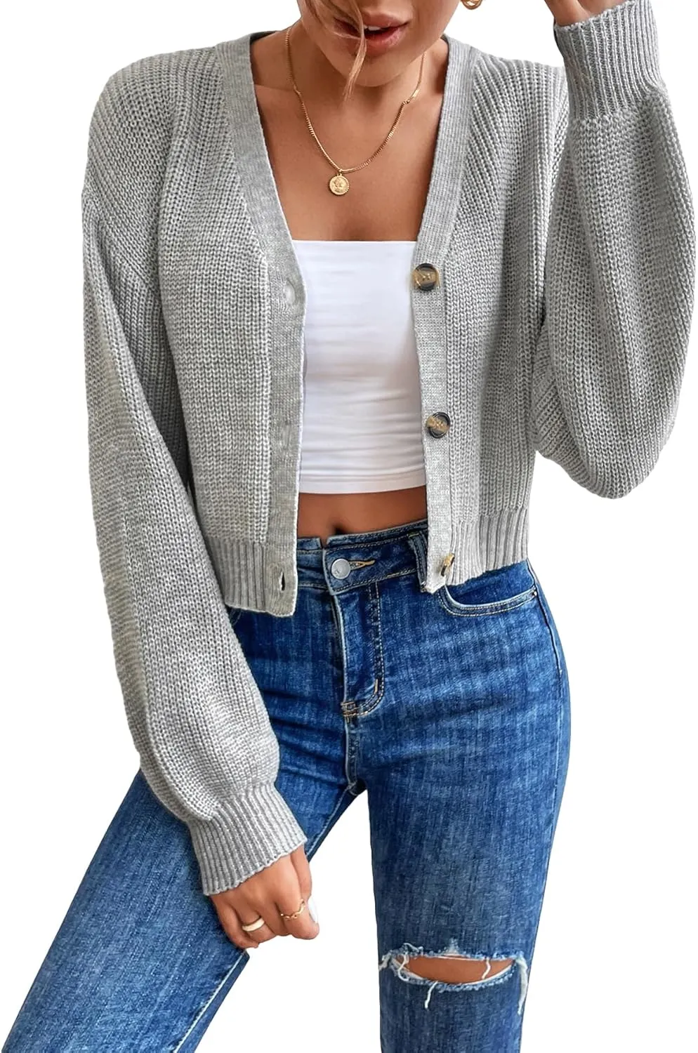 Floerns Women's Solid Long Sleeve Button Down V Neck Cardigan Crop Top Sweater