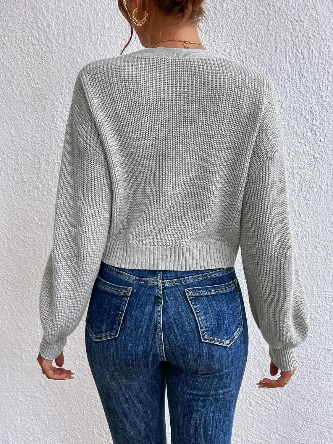 Floerns Women's Solid Long Sleeve Button Down V Neck Cardigan Crop Top Sweater