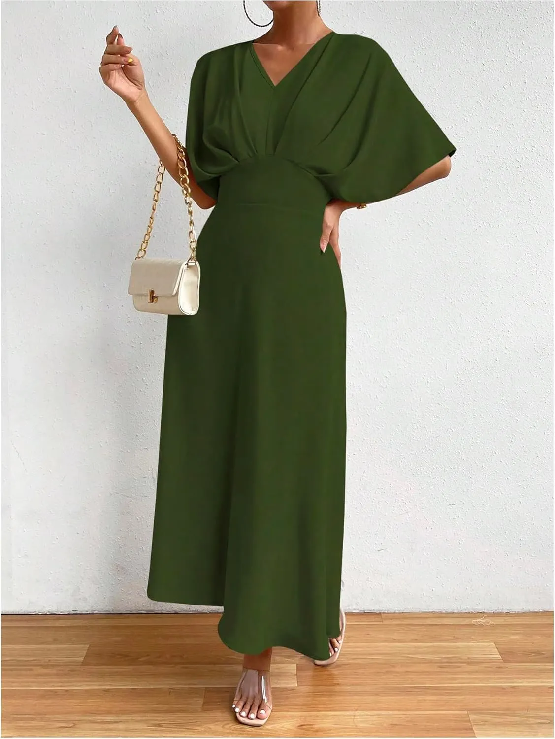Floerns Women's V Neck Half Sleeve Ruched Cocktail Evening A Line Long Dress