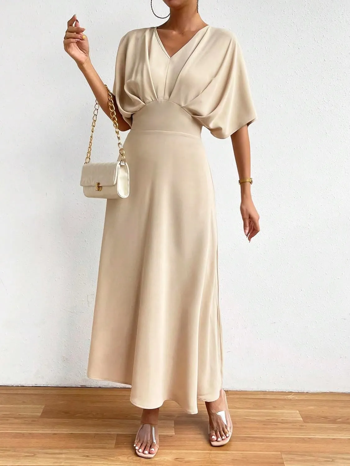 Floerns Women's V Neck Half Sleeve Ruched Cocktail Evening A Line Long Dress