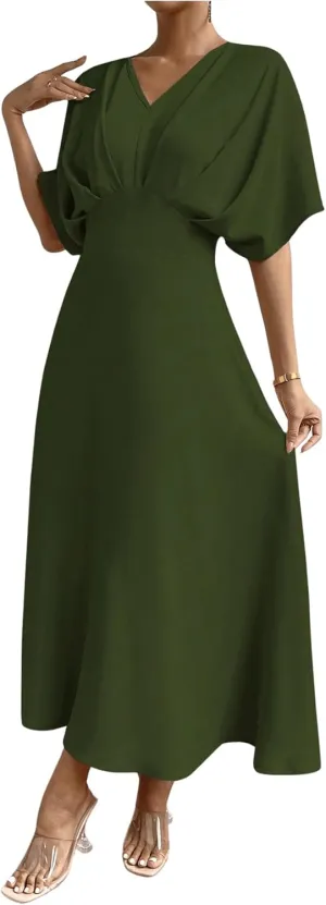 Floerns Women's V Neck Half Sleeve Ruched Cocktail Evening A Line Long Dress