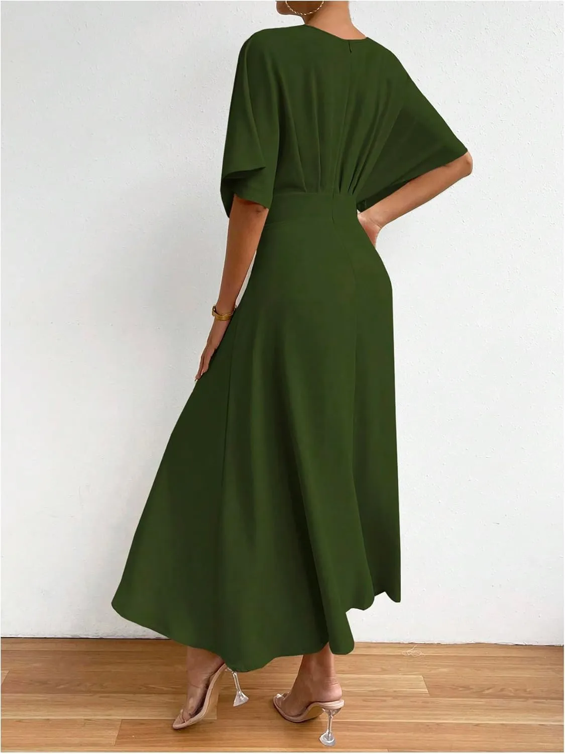 Floerns Women's V Neck Half Sleeve Ruched Cocktail Evening A Line Long Dress