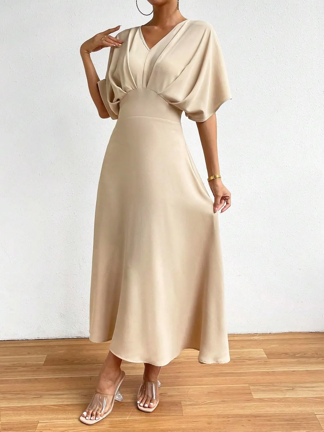 Floerns Women's V Neck Half Sleeve Ruched Cocktail Evening A Line Long Dress