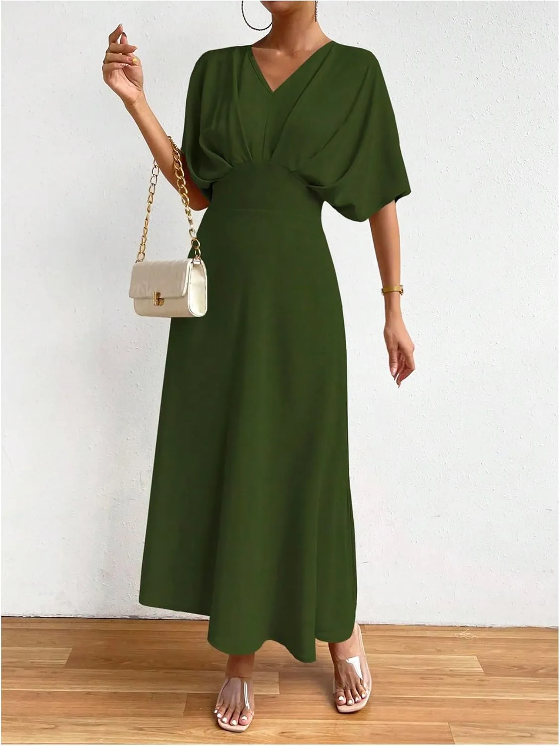 Floerns Women's V Neck Half Sleeve Ruched Cocktail Evening A Line Long Dress