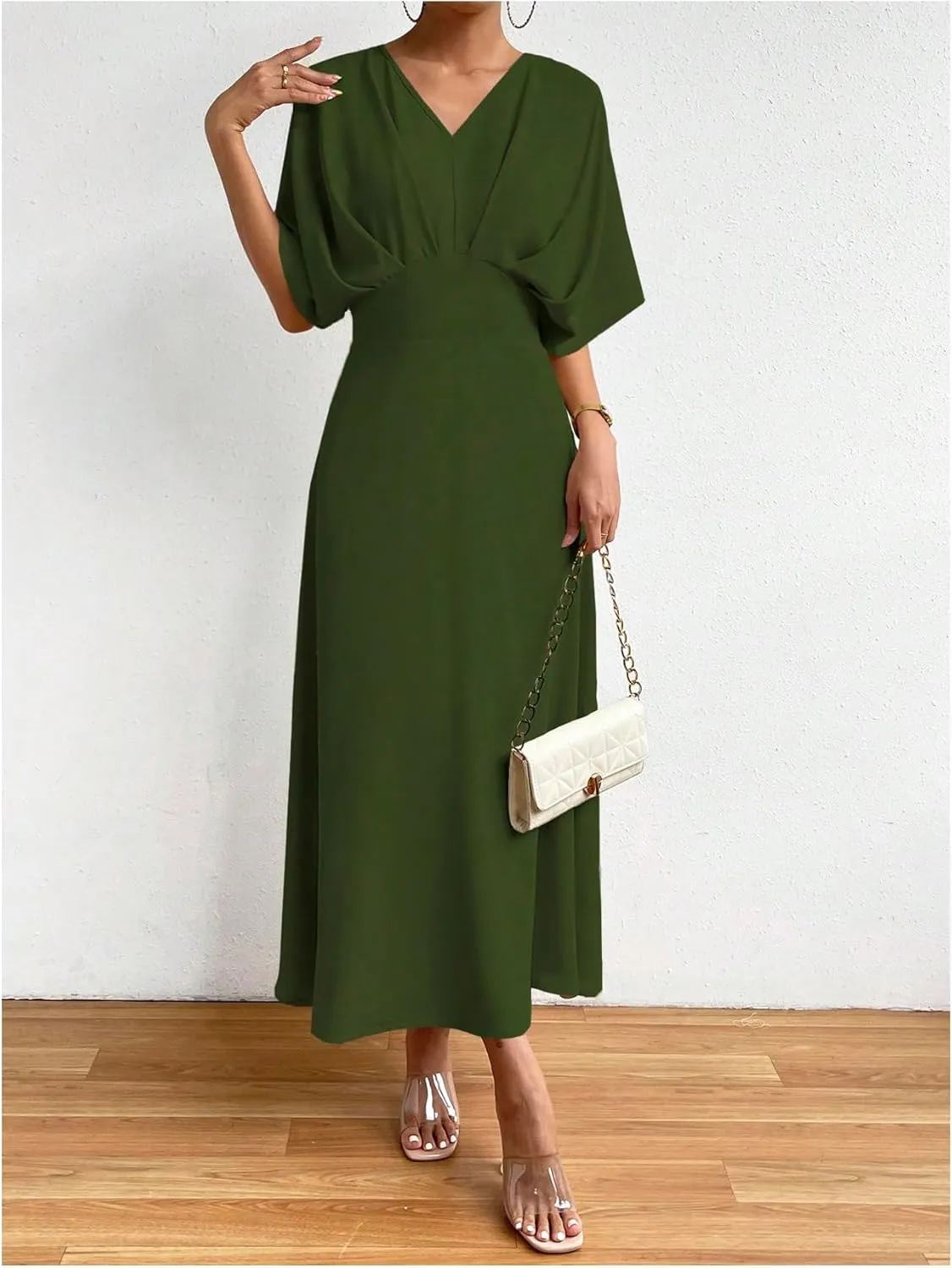 Floerns Women's V Neck Half Sleeve Ruched Cocktail Evening A Line Long Dress