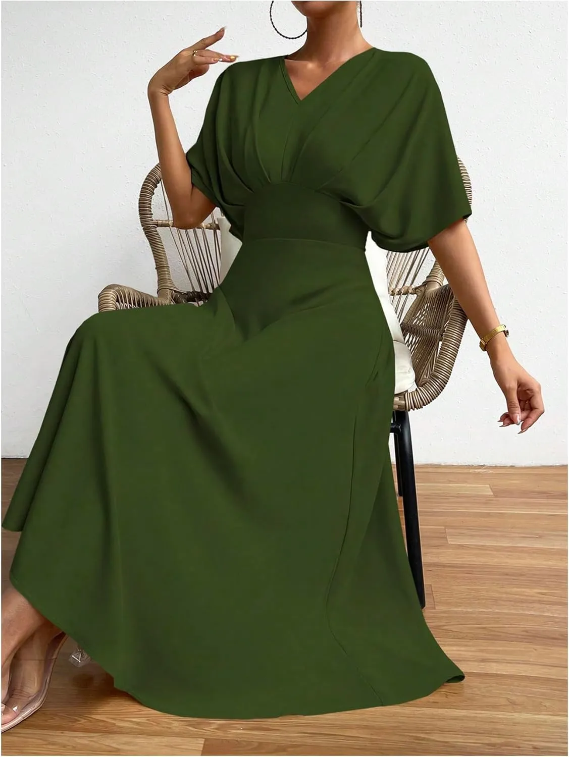 Floerns Women's V Neck Half Sleeve Ruched Cocktail Evening A Line Long Dress