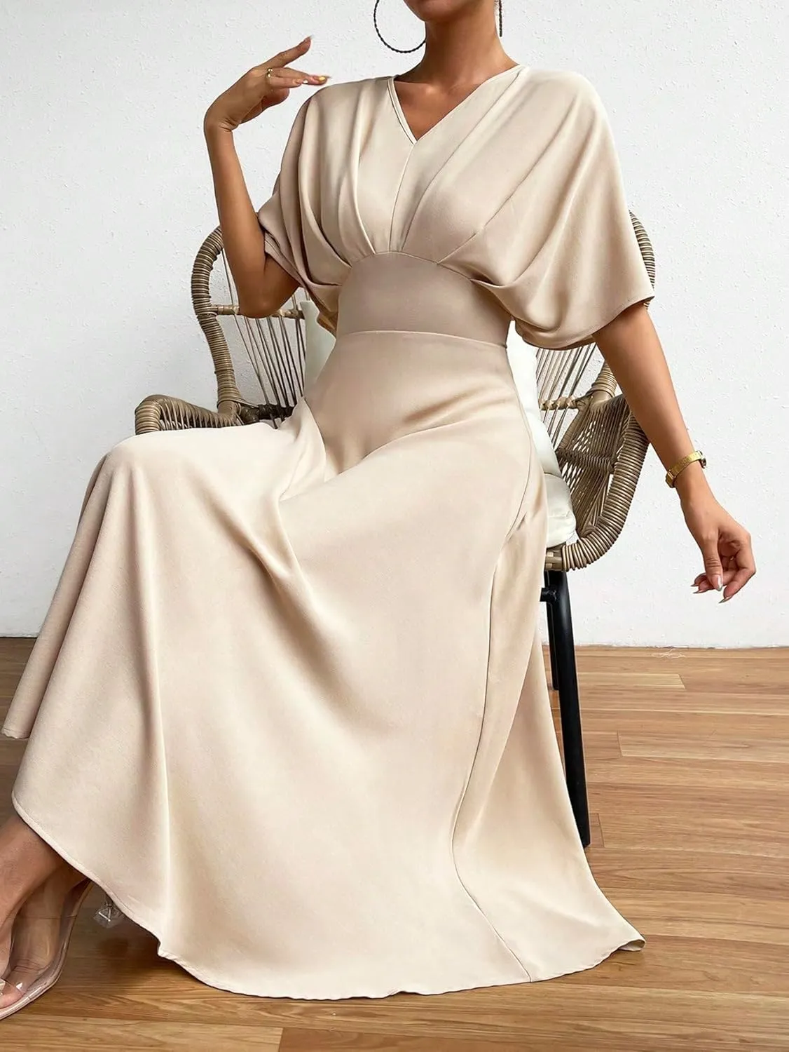 Floerns Women's V Neck Half Sleeve Ruched Cocktail Evening A Line Long Dress