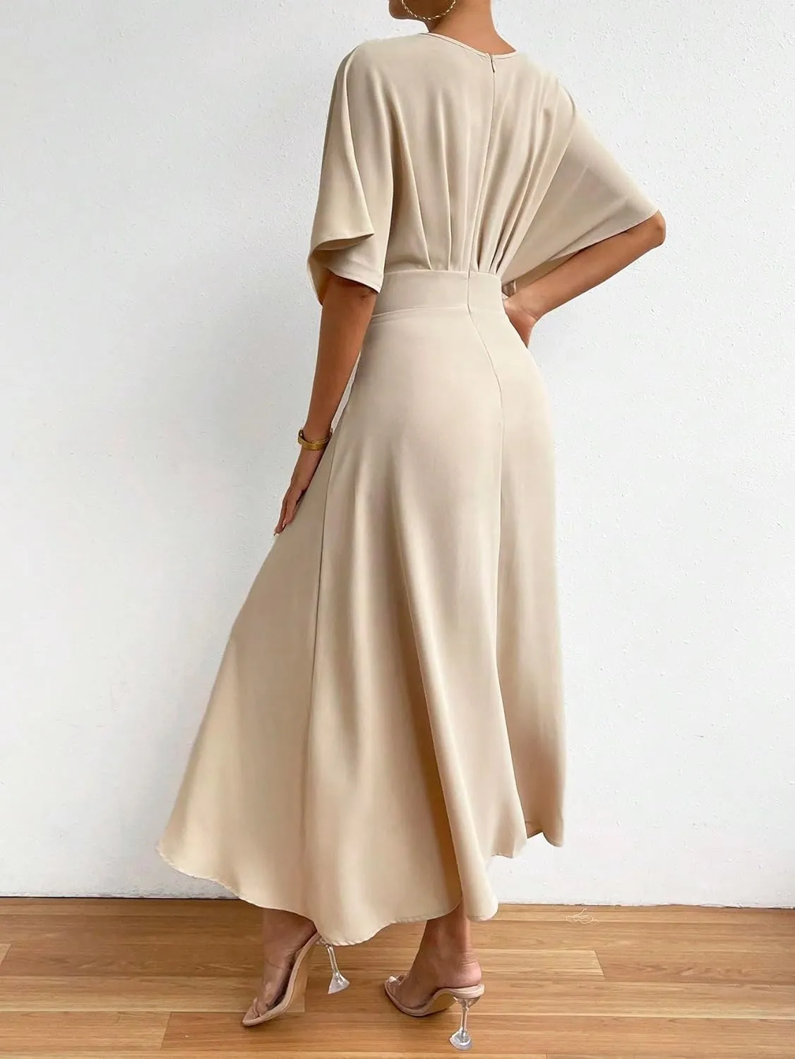 Floerns Women's V Neck Half Sleeve Ruched Cocktail Evening A Line Long Dress