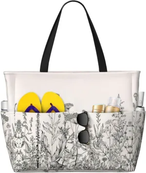 Floral Herbs Botanical Engraving Print Beach Travel Bag Waterproof Versatile Zipper Bag With Pockets Gym Travel Vacation