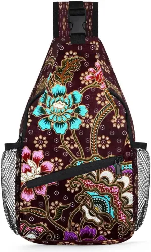 Flower Ornament Pattern Sling Bag Crossbody Sling Backpack for Women Men, Travel Hiking Chest Bag Daypack Small Cross Body Sling Bags