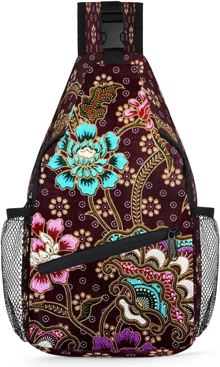 Flower Ornament Pattern Sling Bag Crossbody Sling Backpack for Women Men, Travel Hiking Chest Bag Daypack Small Cross Body Sling Bags