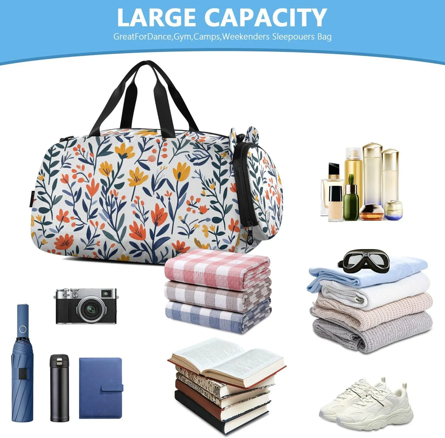 Flowers Kids Duffel Bag with Shoes Compartment Large Capacity Sports Overnight Travel Bag for School Practice, Sports, Travel