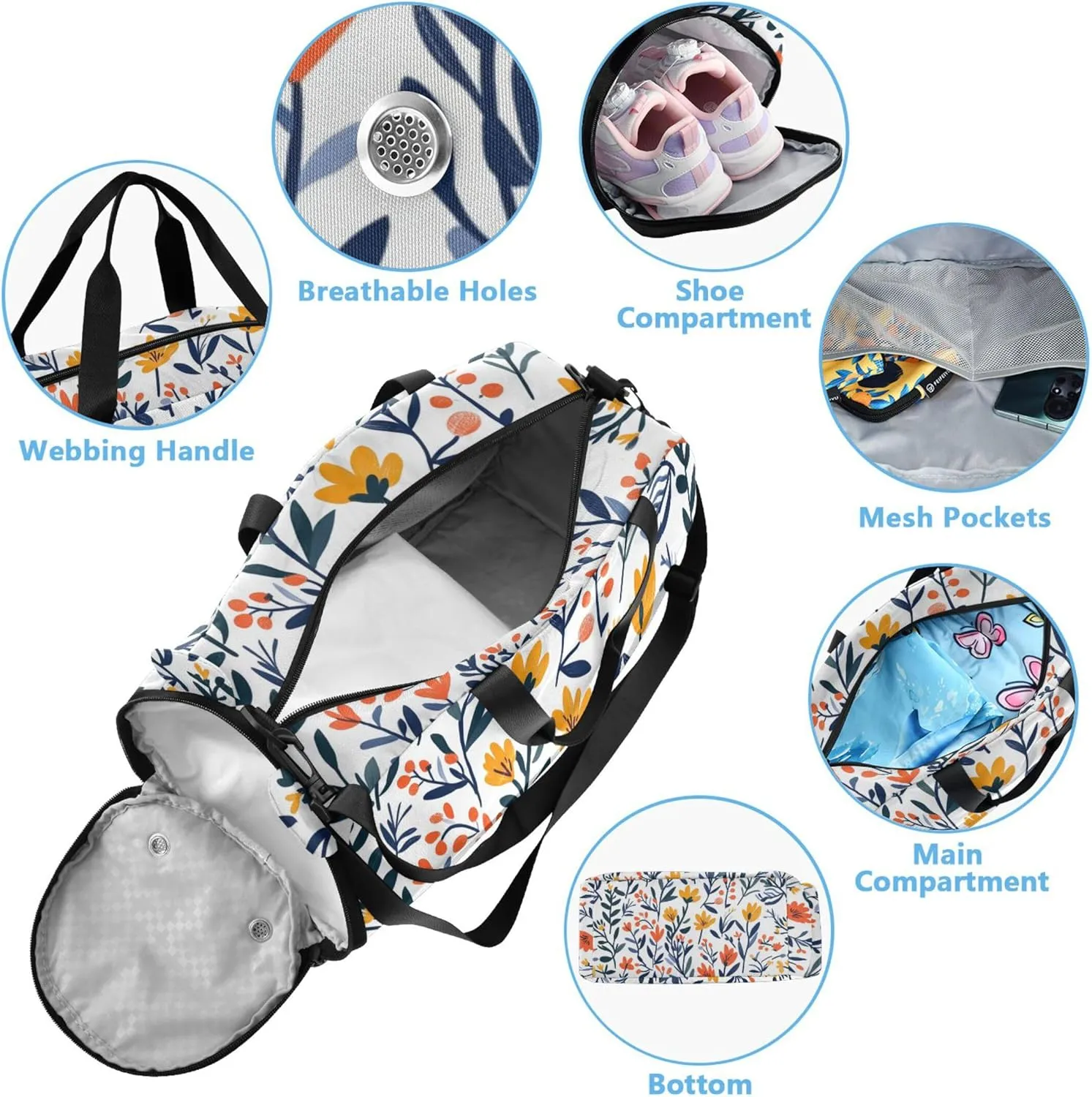 Flowers Kids Duffel Bag with Shoes Compartment Large Capacity Sports Overnight Travel Bag for School Practice, Sports, Travel