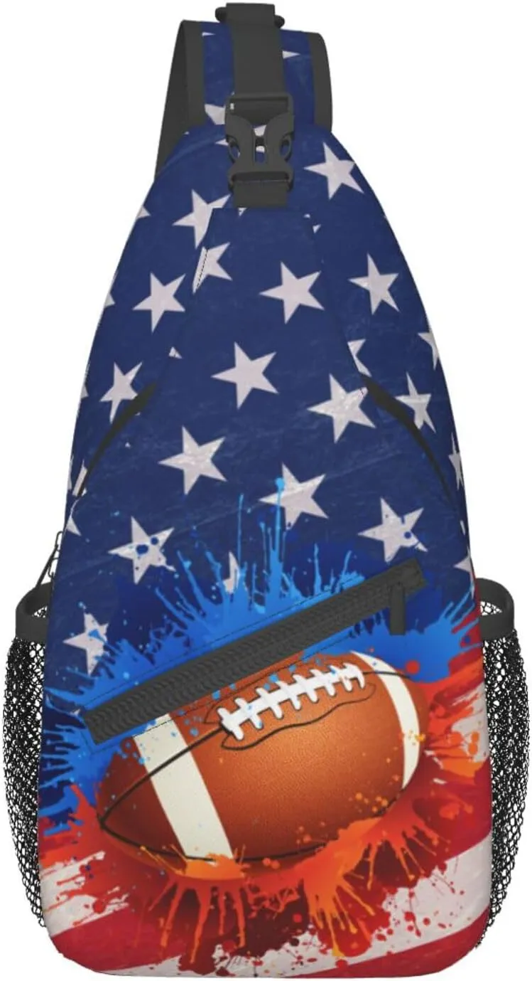 Football Sling Bag Sport Ball Sling Backpack American Flag Print Crossbody Bag Men Casual Shoulder Daypack Football Chest Bag for Women & Men Lightweight Travel Hiking Gym Outdoor Camping