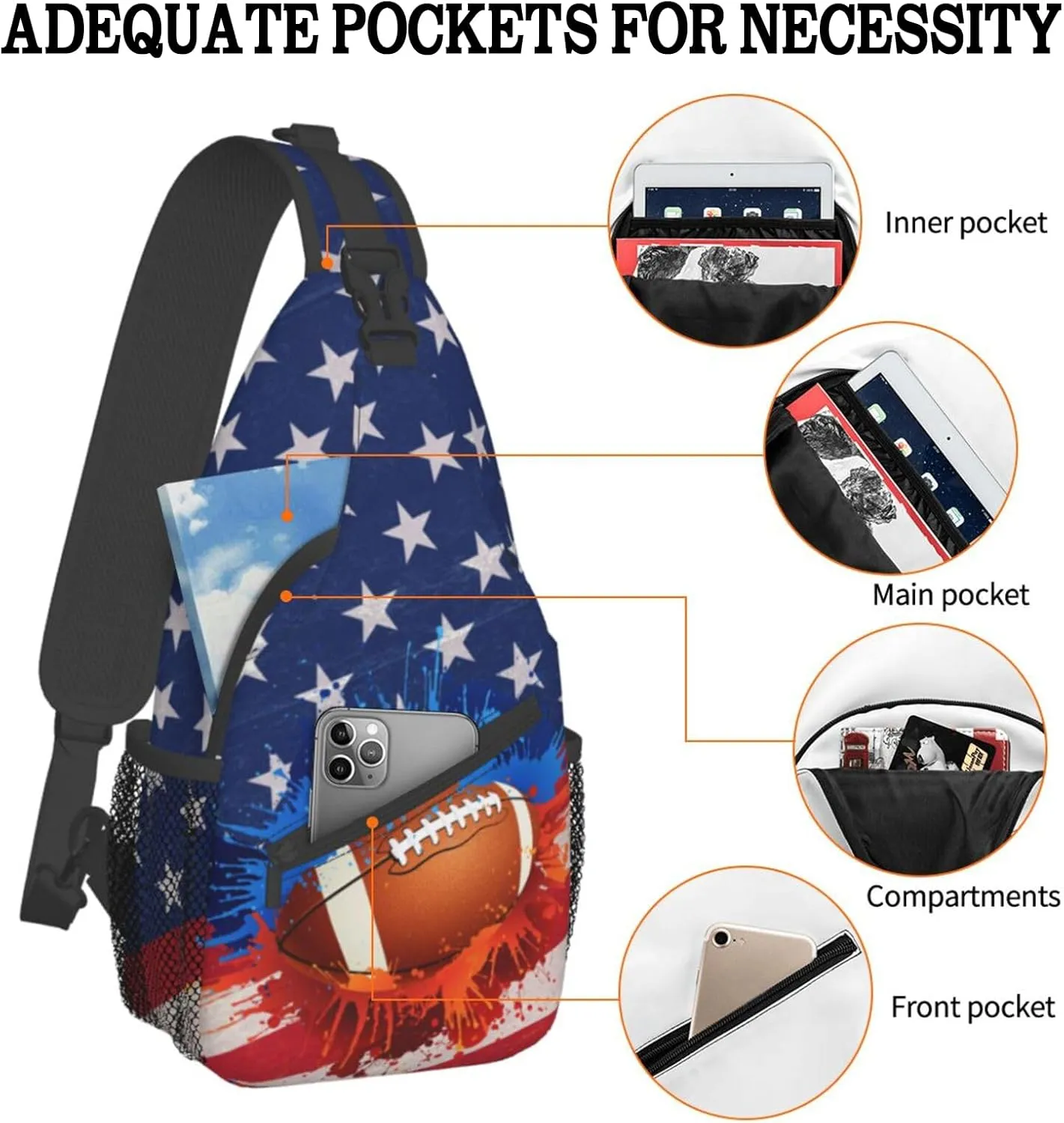Football Sling Bag Sport Ball Sling Backpack American Flag Print Crossbody Bag Men Casual Shoulder Daypack Football Chest Bag for Women & Men Lightweight Travel Hiking Gym Outdoor Camping