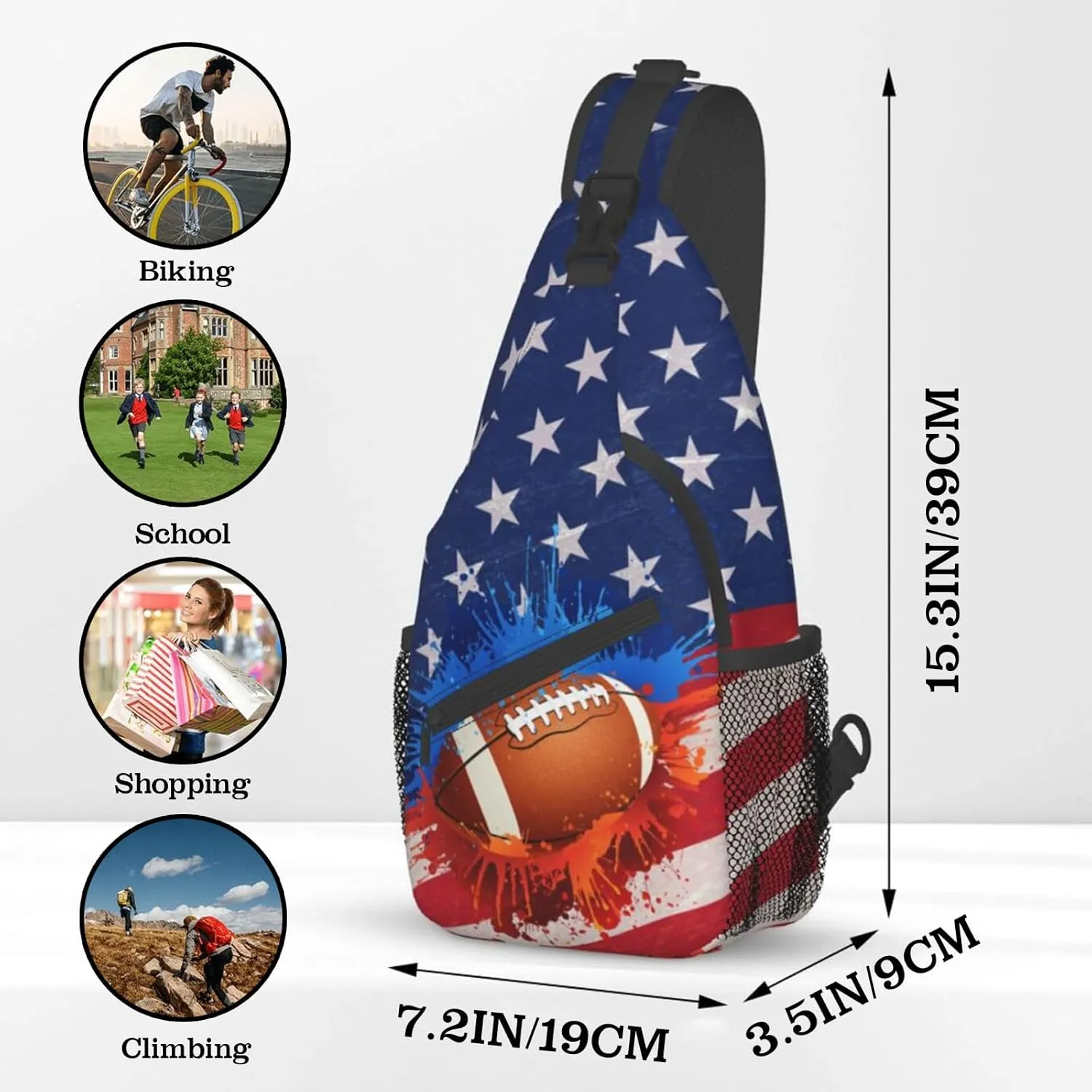 Football Sling Bag Sport Ball Sling Backpack American Flag Print Crossbody Bag Men Casual Shoulder Daypack Football Chest Bag for Women & Men Lightweight Travel Hiking Gym Outdoor Camping