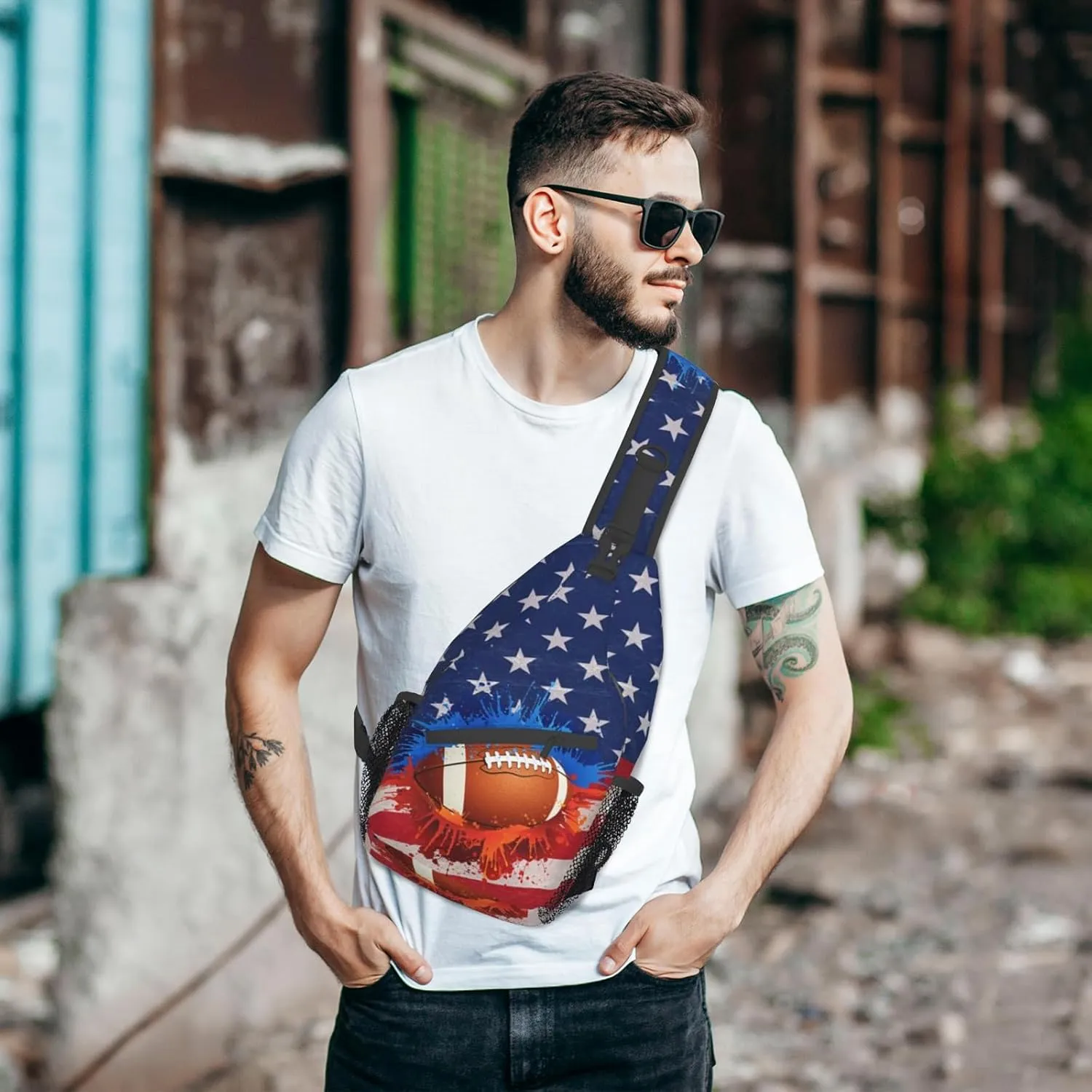 Football Sling Bag Sport Ball Sling Backpack American Flag Print Crossbody Bag Men Casual Shoulder Daypack Football Chest Bag for Women & Men Lightweight Travel Hiking Gym Outdoor Camping