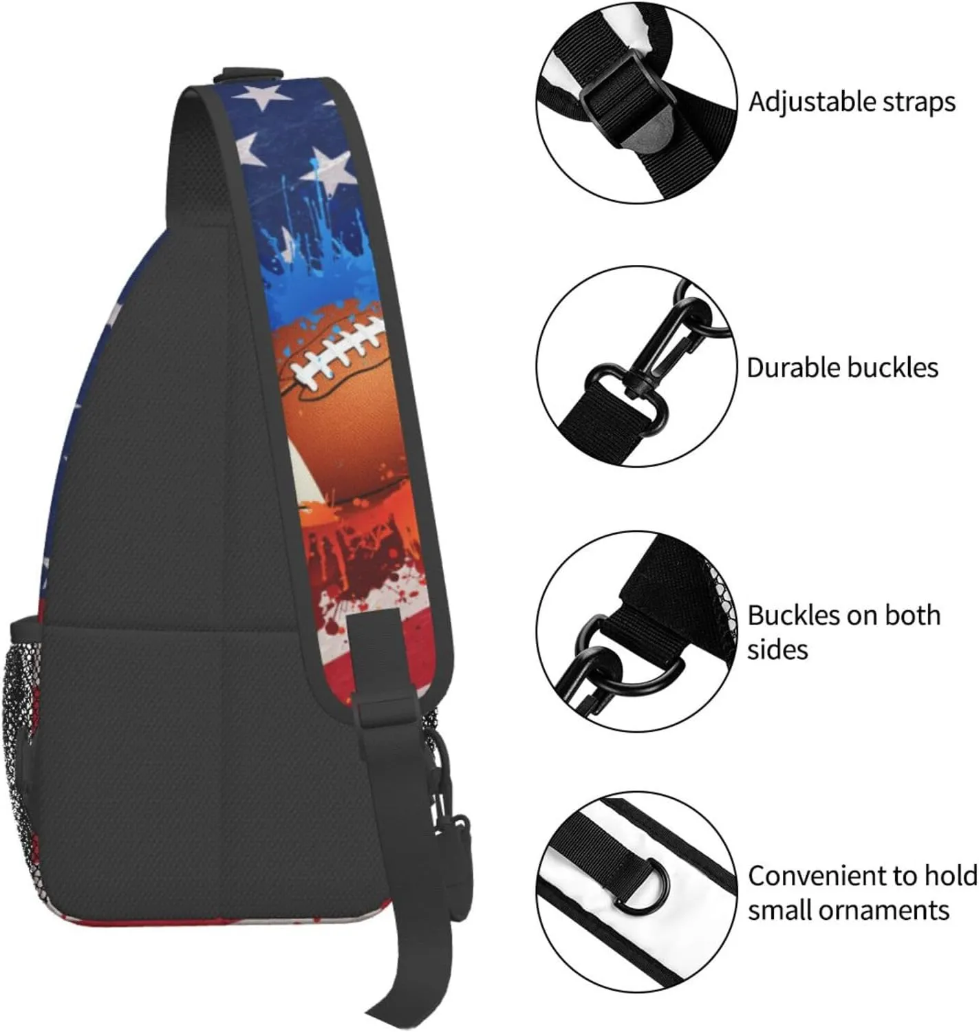 Football Sling Bag Sport Ball Sling Backpack American Flag Print Crossbody Bag Men Casual Shoulder Daypack Football Chest Bag for Women & Men Lightweight Travel Hiking Gym Outdoor Camping