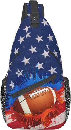 Football Sling Bag Sport Ball Sling Backpack American Flag Print Crossbody Bag Men Casual Shoulder Daypack Football Chest Bag for Women & Men Lightweight Travel Hiking Gym Outdoor Camping