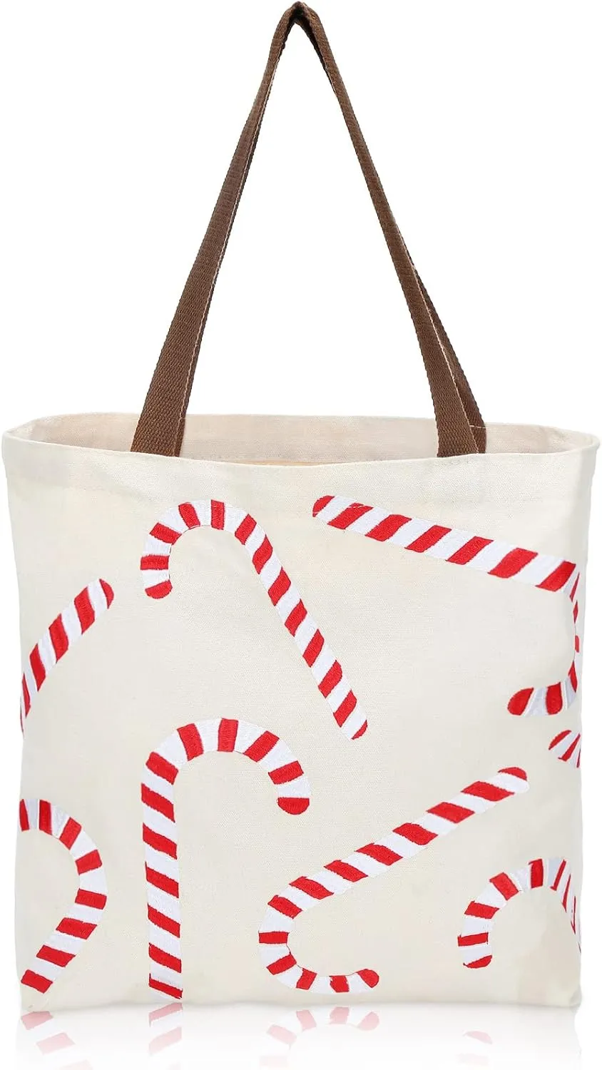 Frienda Christmas Canvas Tote Bag Reusable Shopping Bag Large Xmas Multipurpose Grocery Bag Casual Canvas Shoulder Handbag with Handles for Outdoor Supermarket Shopping Christmas Party Favor Supplies