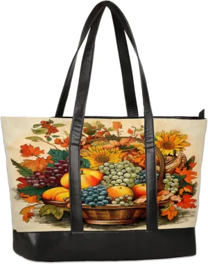 Fruit Basket Apples Grapes Sunflowers Laptop Tote Bag for Women Lightweight Work Purse with Multiple Compartments Fits 13-15.6 Inch Laptop Tablet Shoulder Bag for Office Travel Daily Use