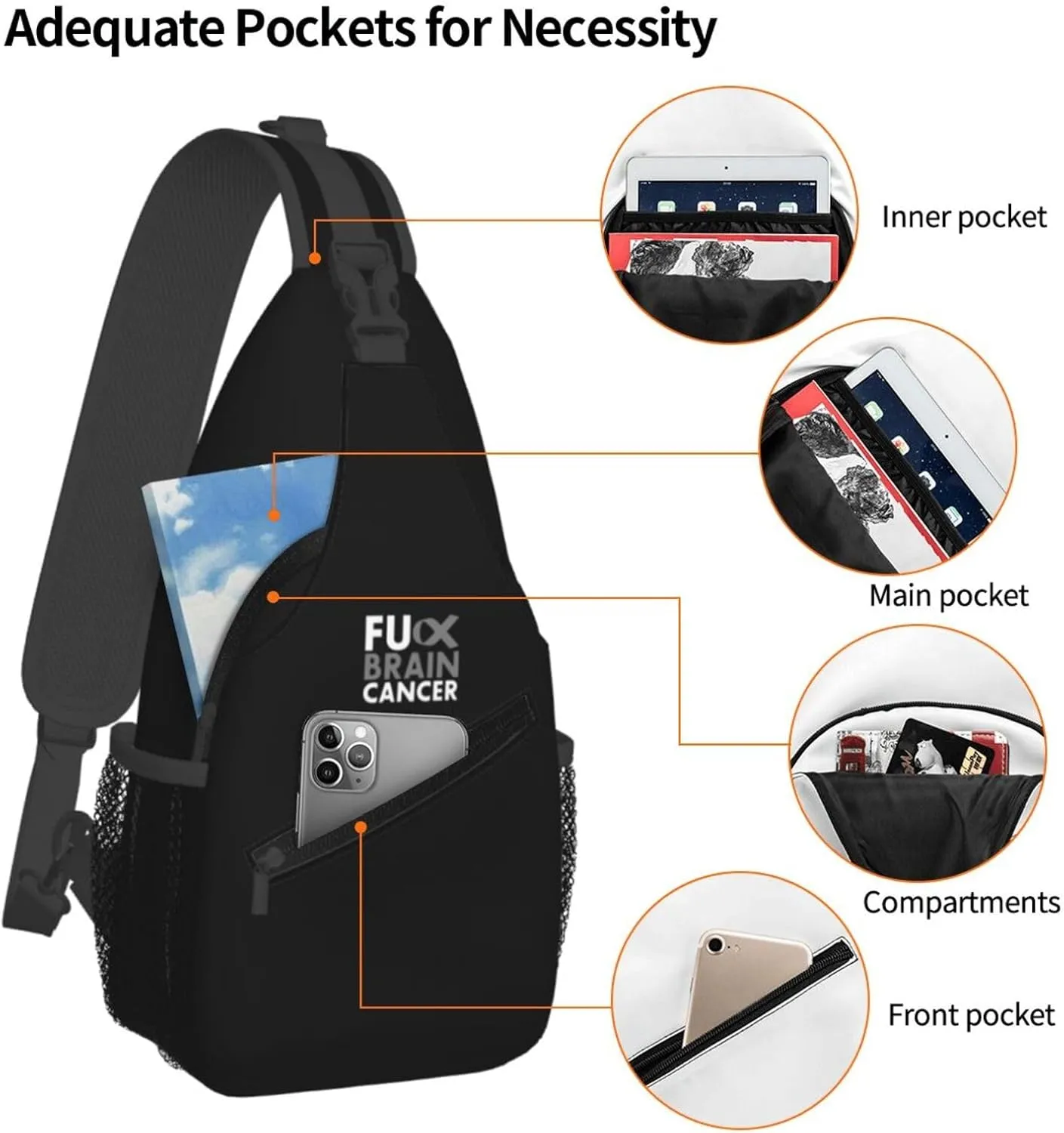 Fuck Brain Cancer Sling Bag Crossbody Backpack Shoulder Casual Daypack Bag for Men Women