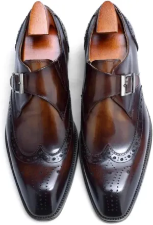 Full Grain Leather Men’s Monk Strap Dress Shoes – Semi Square Toe, Patina Finishing, Leather Insole, Solid Rubber Sole – Comfortable & Durable Formal Shoes, US Sizes 7-11