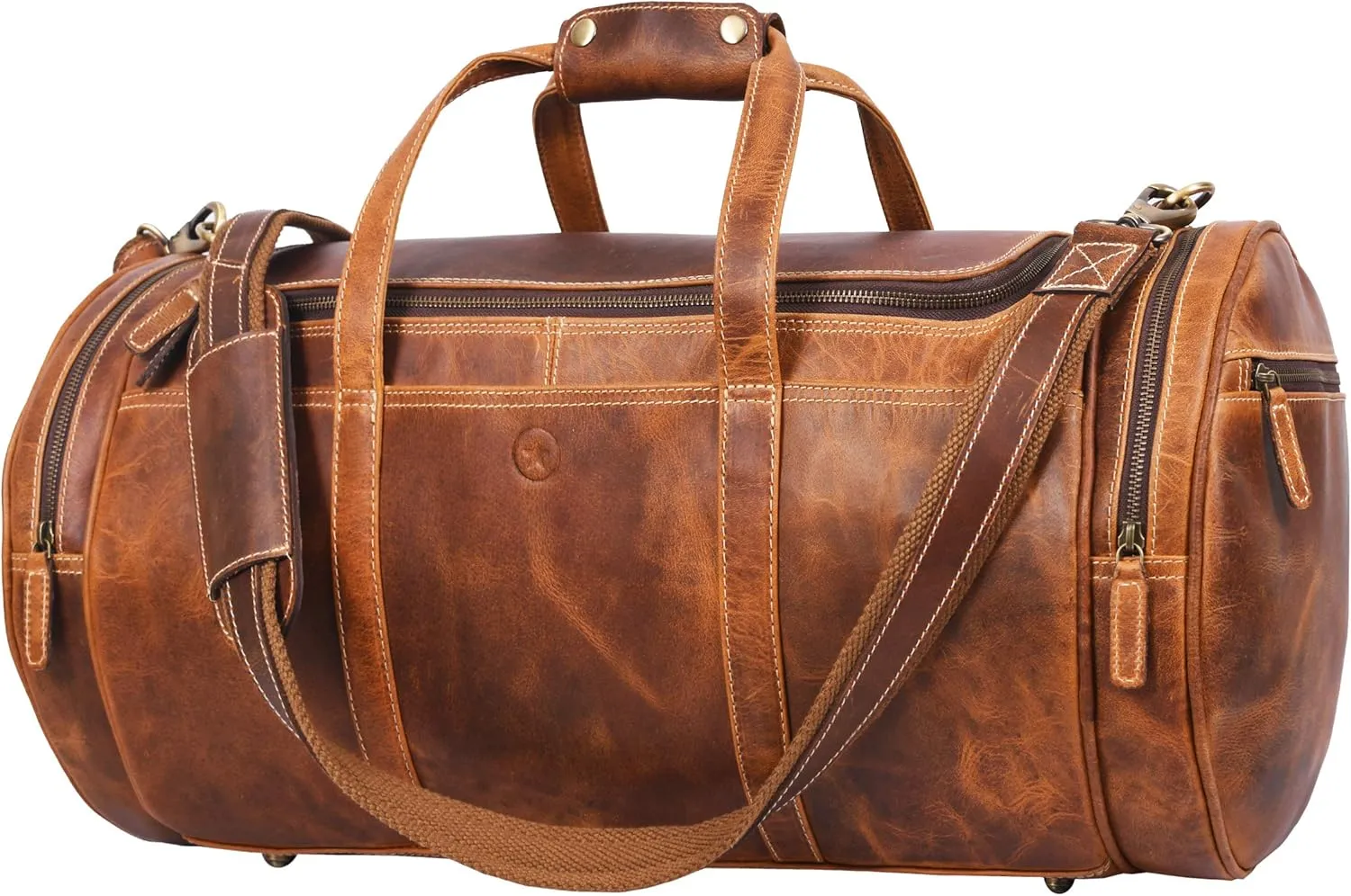 Full Grain Leather Travel Duffle Barrel Bag With Adjustable Straps 22 Inch Large Compartment & Zippered Side Pockets Weekend Overnight Bag (Caramel)