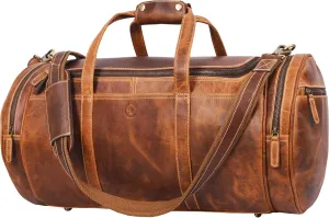 Full Grain Leather Travel Duffle Barrel Bag With Adjustable Straps 22 Inch Large Compartment & Zippered Side Pockets Weekend Overnight Bag (Caramel)