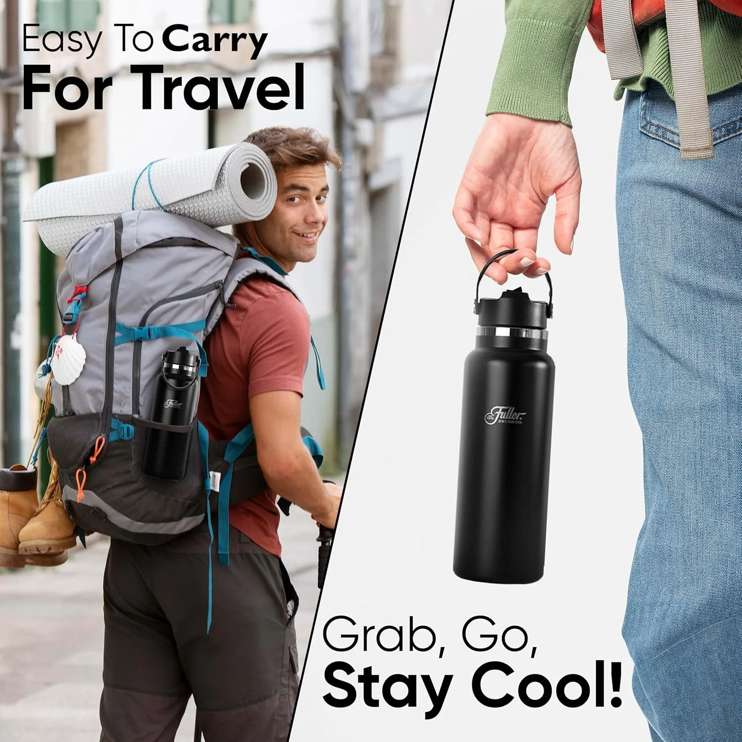 Fuller Stainless Steel Water Bottle with Straw Lid – BPA-Free, Sweat-Proof, Leak-Proof Travel Mug – Double Wall Insulated for Hot & Cold Drinks – Carry Handle (Black, 40 Oz.)