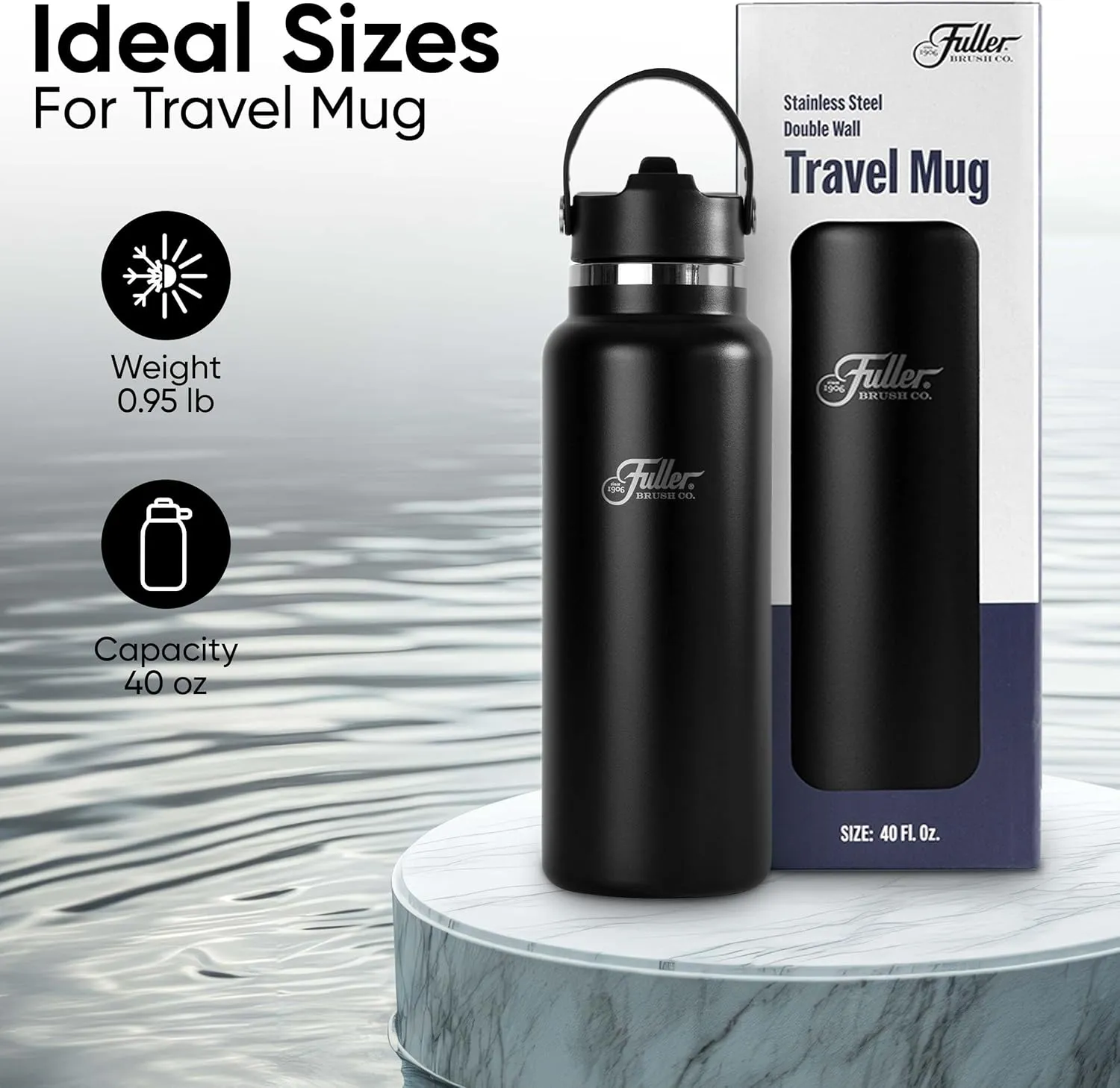 Fuller Stainless Steel Water Bottle with Straw Lid – BPA-Free, Sweat-Proof, Leak-Proof Travel Mug – Double Wall Insulated for Hot & Cold Drinks – Carry Handle (Black, 40 Oz.)