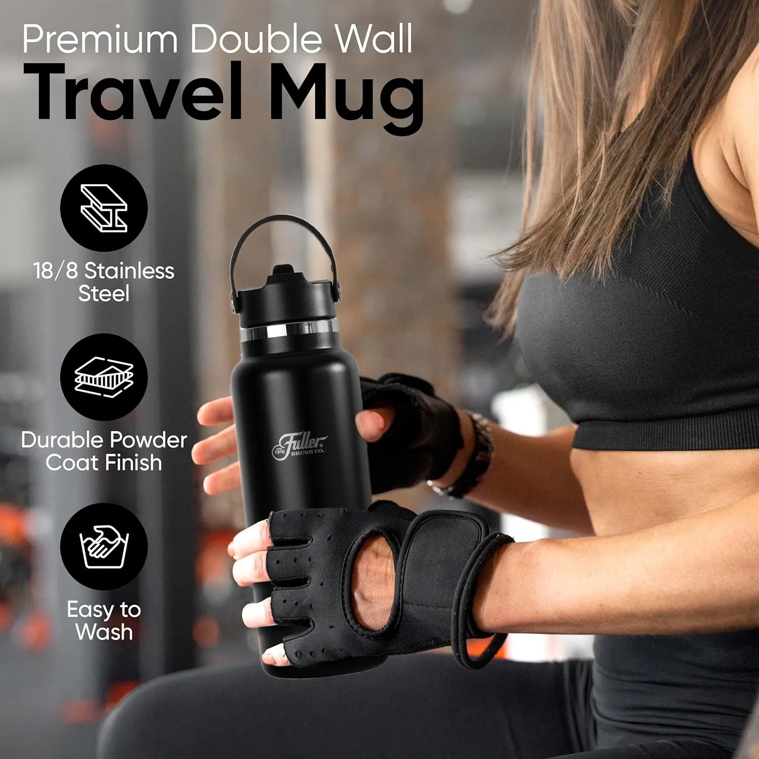Fuller Stainless Steel Water Bottle with Straw Lid – BPA-Free, Sweat-Proof, Leak-Proof Travel Mug – Double Wall Insulated for Hot & Cold Drinks – Carry Handle (Black, 40 Oz.)