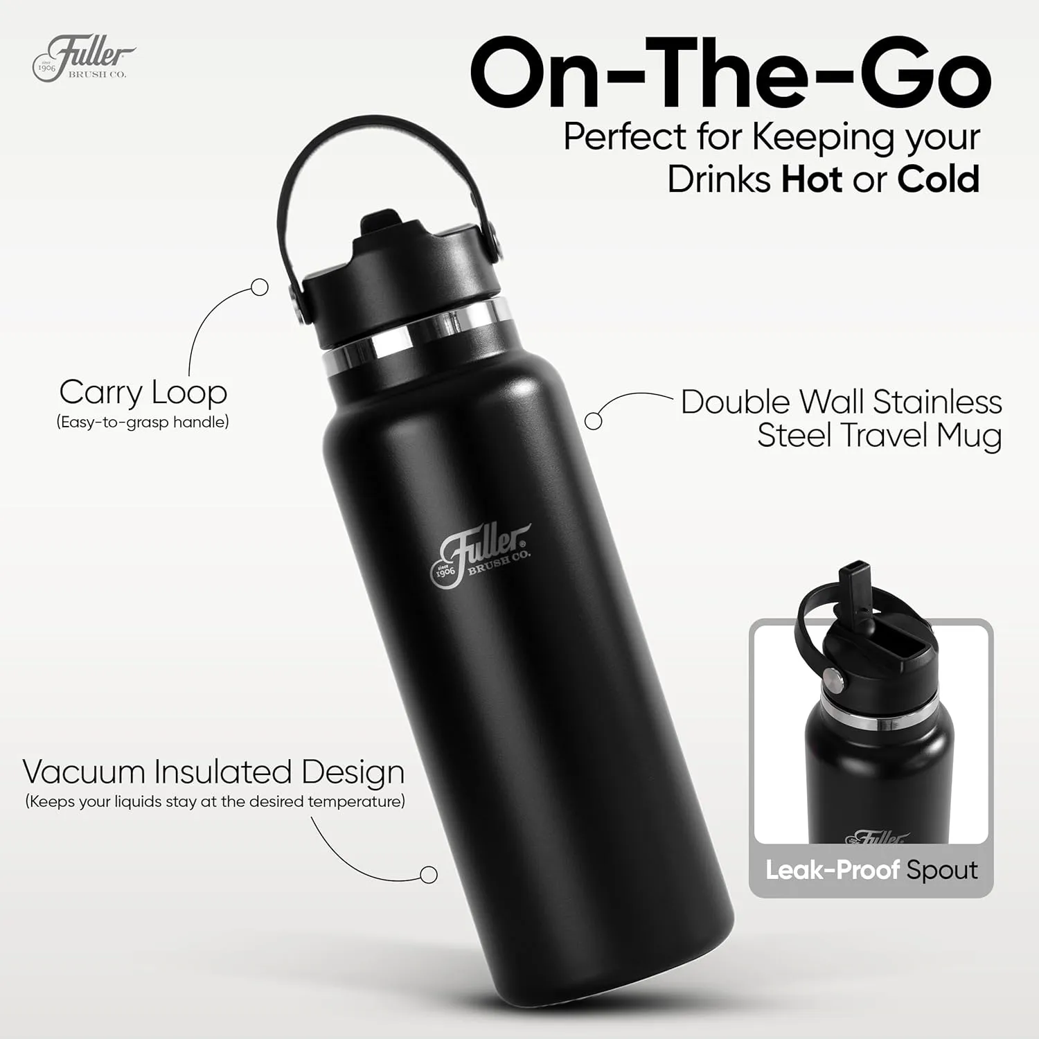 Fuller Stainless Steel Water Bottle with Straw Lid – BPA-Free, Sweat-Proof, Leak-Proof Travel Mug – Double Wall Insulated for Hot & Cold Drinks – Carry Handle (Black, 40 Oz.)