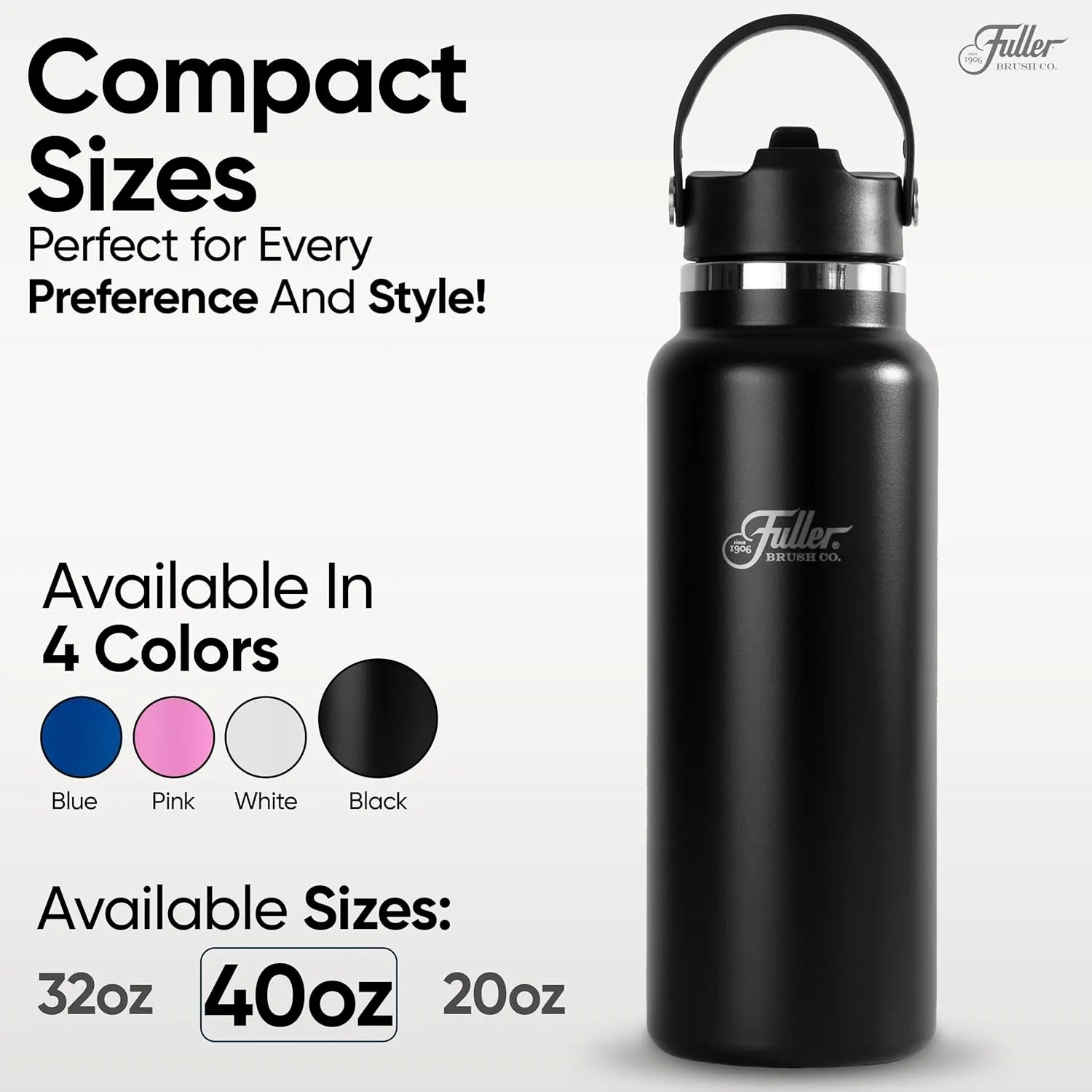 Fuller Stainless Steel Water Bottle with Straw Lid – BPA-Free, Sweat-Proof, Leak-Proof Travel Mug – Double Wall Insulated for Hot & Cold Drinks – Carry Handle (Black, 40 Oz.)