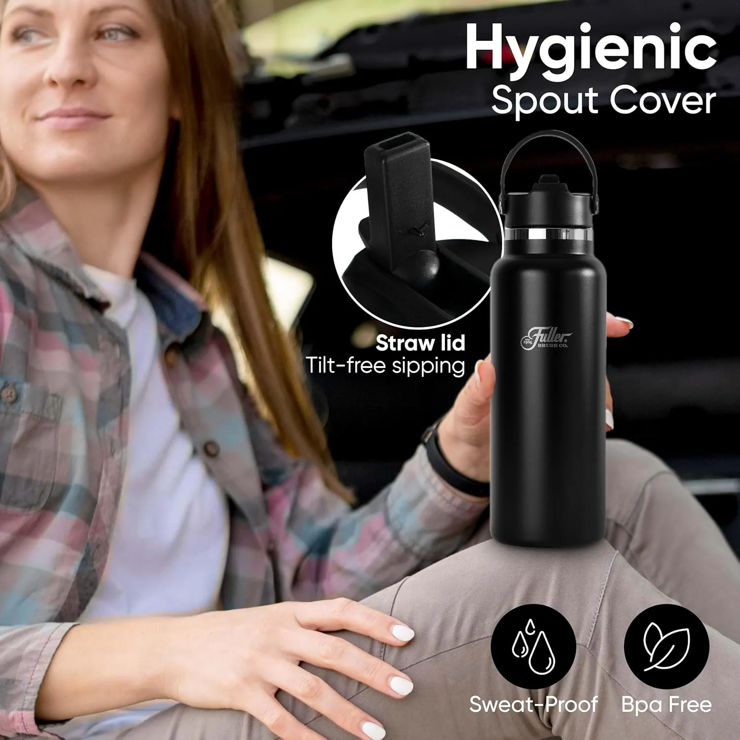 Fuller Stainless Steel Water Bottle with Straw Lid – BPA-Free, Sweat-Proof, Leak-Proof Travel Mug – Double Wall Insulated for Hot & Cold Drinks – Carry Handle (Black, 40 Oz.)