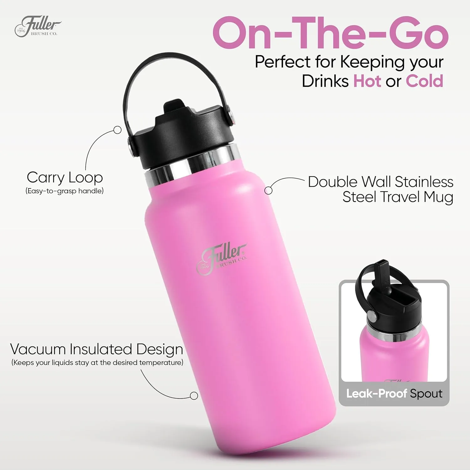 Fuller Stainless Steel Water Bottle with Straw Lid – BPA-Free, Sweat-Proof, Leak-Proof Travel Mug – Double Wall Insulated for Hot & Cold Drinks – Carry Handle (Bright Pink, 32 Oz.)