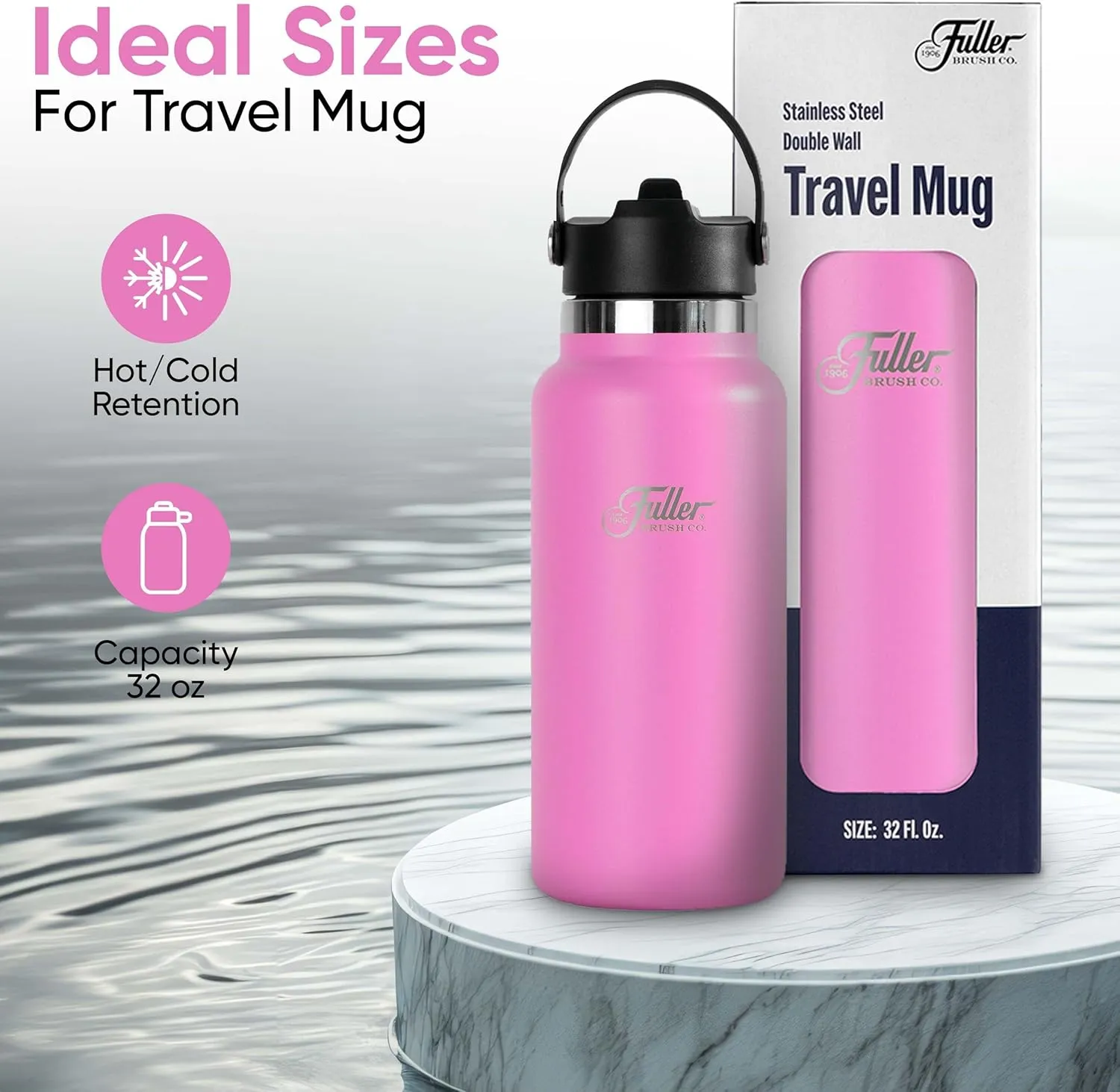 Fuller Stainless Steel Water Bottle with Straw Lid – BPA-Free, Sweat-Proof, Leak-Proof Travel Mug – Double Wall Insulated for Hot & Cold Drinks – Carry Handle (Bright Pink, 32 Oz.)
