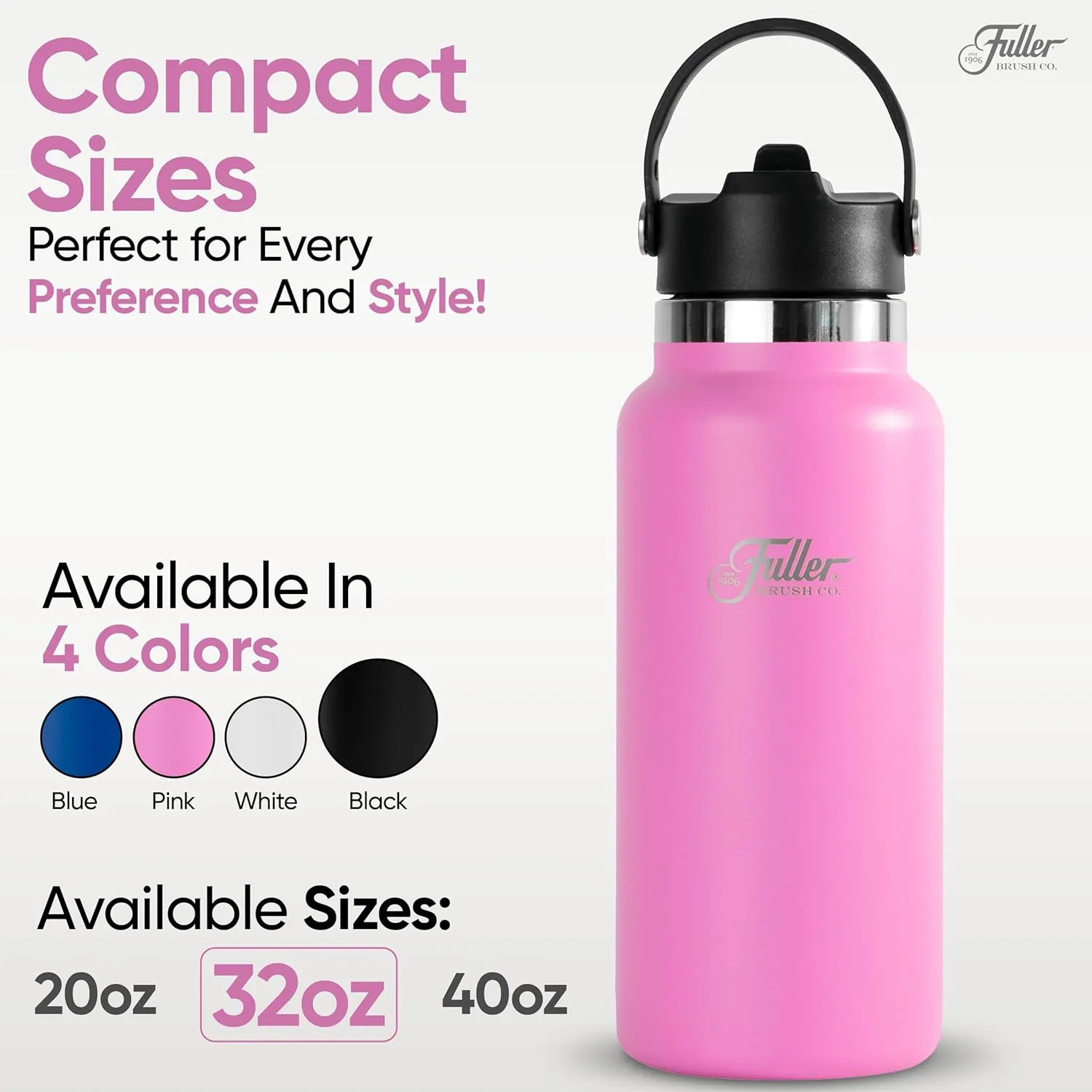 Fuller Stainless Steel Water Bottle with Straw Lid – BPA-Free, Sweat-Proof, Leak-Proof Travel Mug – Double Wall Insulated for Hot & Cold Drinks – Carry Handle (Bright Pink, 32 Oz.)