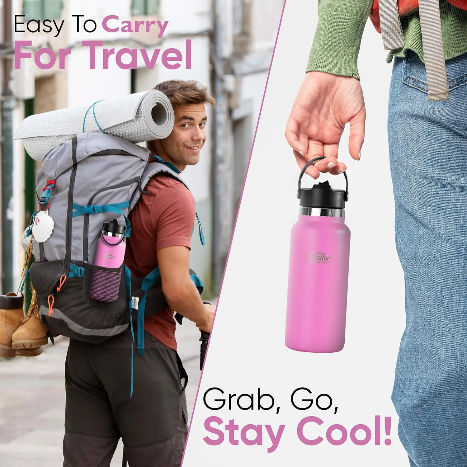 Fuller Stainless Steel Water Bottle with Straw Lid – BPA-Free, Sweat-Proof, Leak-Proof Travel Mug – Double Wall Insulated for Hot & Cold Drinks – Carry Handle (Bright Pink, 32 Oz.)