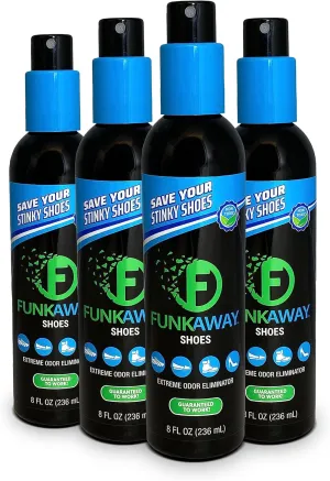 FunkAway Odor Eliminating Spray for Shoes, Skates, Work Boots & More, 8 oz., 4 Pack, Extreme Odor Eliminator, Perfect for Stinky Stuff You Can't Put in the Wash