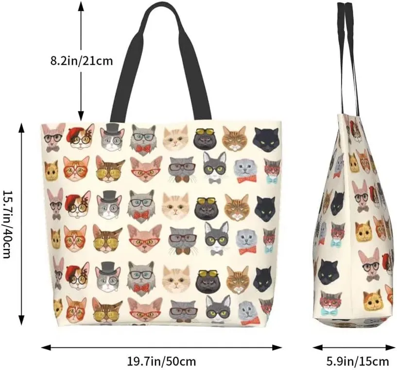 Funny Cat Tote Bag for Women,Cute Purse Gifts for Cat Lovers,Kitty Print Shoulder Reusable Shopping Handbags Casual Travel Polyester Summer Beach Grocery Bag Holiday Gifts