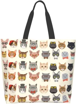 Funny Cat Tote Bag for Women,Cute Purse Gifts for Cat Lovers,Kitty Print Shoulder Reusable Shopping Handbags Casual Travel Polyester Summer Beach Grocery Bag Holiday Gifts