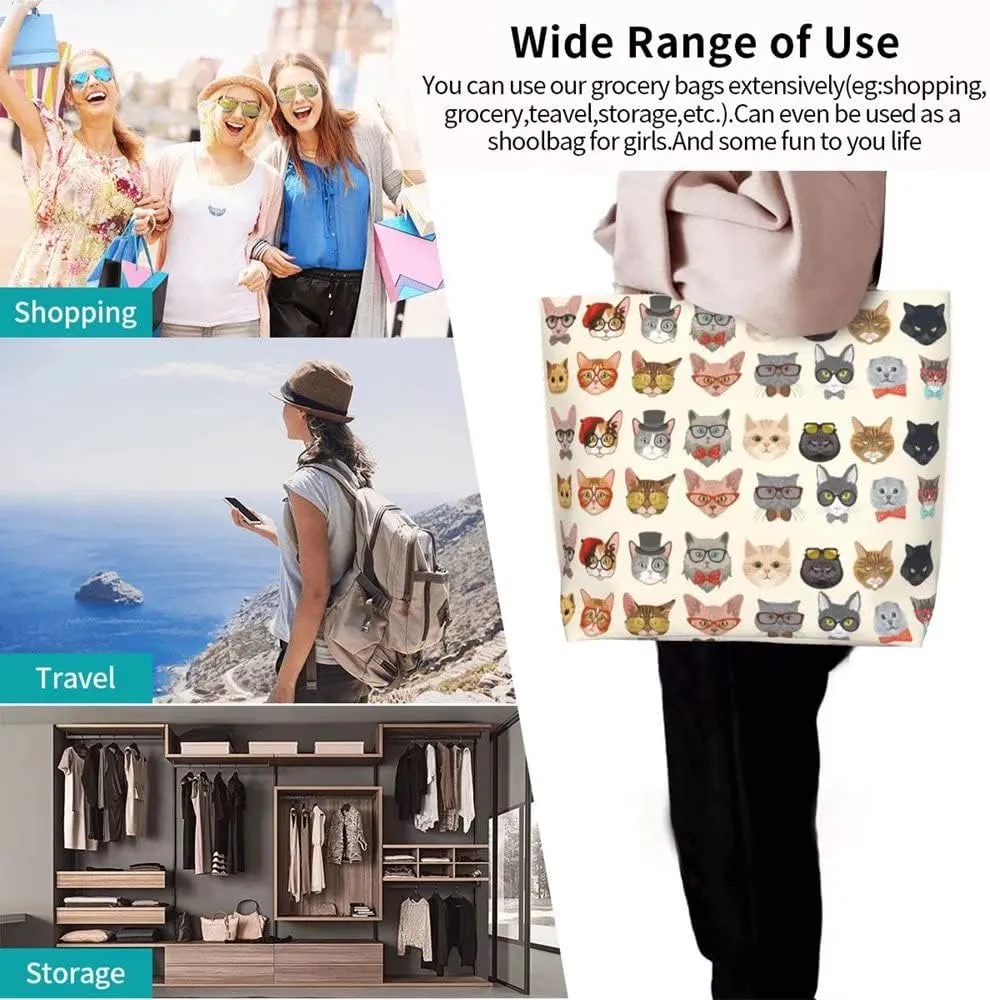 Funny Cat Tote Bag for Women,Cute Purse Gifts for Cat Lovers,Kitty Print Shoulder Reusable Shopping Handbags Casual Travel Polyester Summer Beach Grocery Bag Holiday Gifts