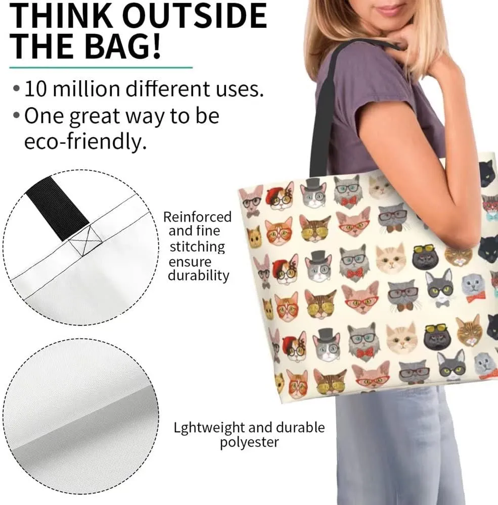 Funny Cat Tote Bag for Women,Cute Purse Gifts for Cat Lovers,Kitty Print Shoulder Reusable Shopping Handbags Casual Travel Polyester Summer Beach Grocery Bag Holiday Gifts