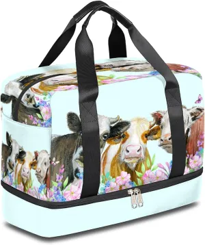 Funny Cow Sports Gym Bag with Shoes Compartment,Farm Animal Floral Flower Travel Duffel Bag for Men Women Boys Girls Teens Overnight Weekend Yoga Workout Bag Training Handbag