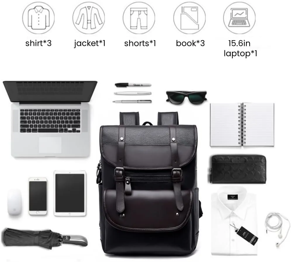 FUNSEED Backpack for Men, Large Capacity Fashion PU Leather 15.6in Laptop Backpack for Business Travel (Brown)