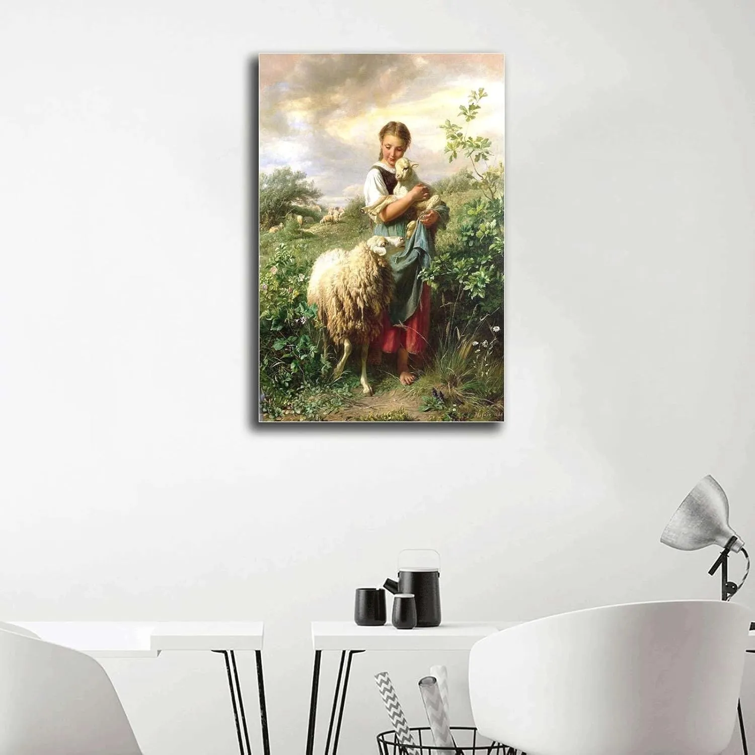 FYEONCVS Canvas Posters and Print Pictures The Shepherdess 1866 By Johann Baptist Hofner Print Poster Living Room Bedroom Home Decor 16x24inch