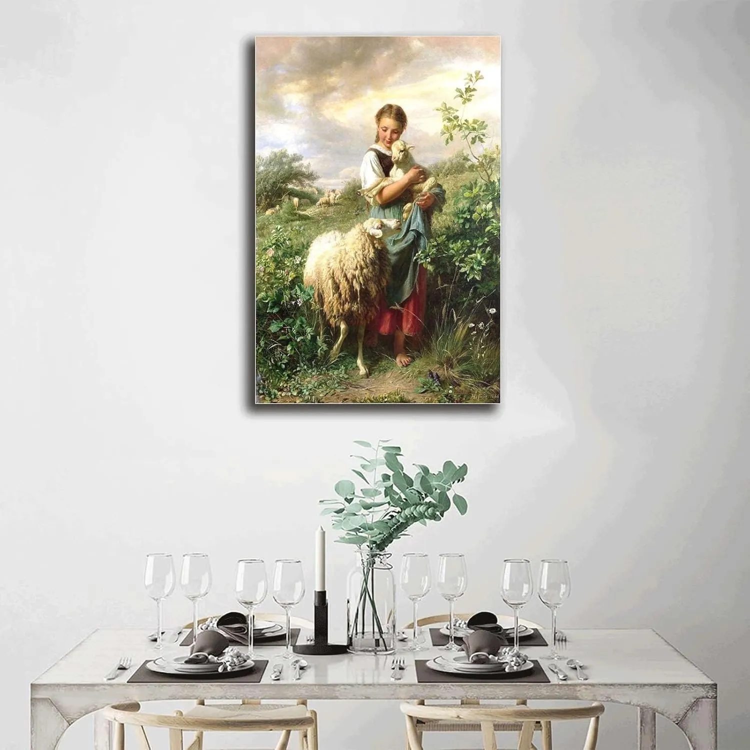 FYEONCVS Canvas Posters and Print Pictures The Shepherdess 1866 By Johann Baptist Hofner Print Poster Living Room Bedroom Home Decor 16x24inch