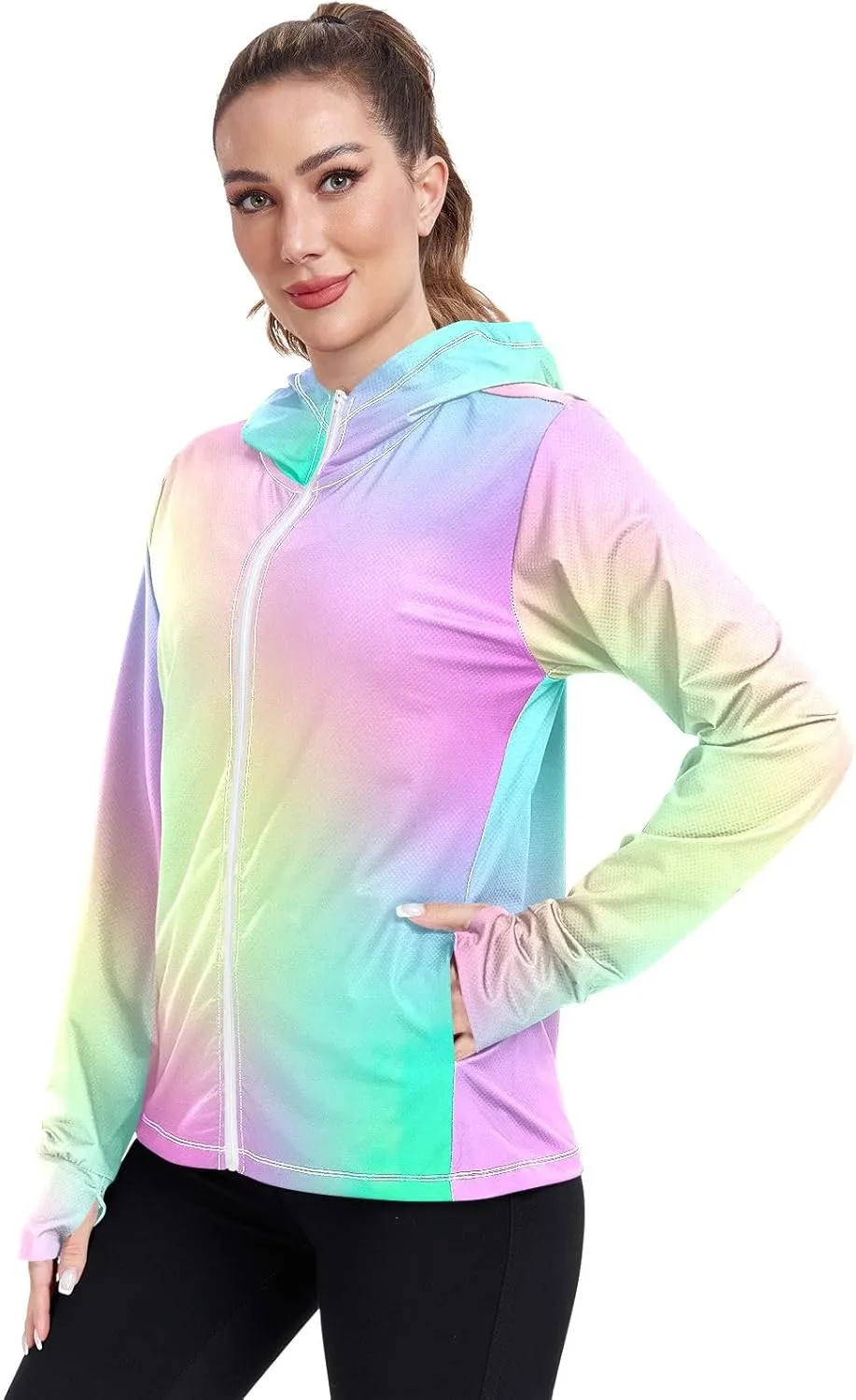 GAIGEO Pastel Rainbow Blur Gradient Hooded Jacket Women, UPF 50  UV Jacket Sun Protection, Quick Dry Womens Running Jacket, S