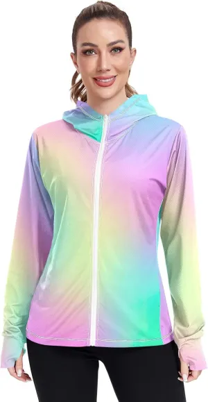 GAIGEO Pastel Rainbow Blur Gradient Hooded Jacket Women, UPF 50  UV Jacket Sun Protection, Quick Dry Womens Running Jacket, S